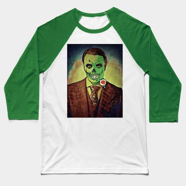 Zombie Green Hannibal Lecter for Halloween - Brains! Baseball T-Shirt by OrionLodubyal